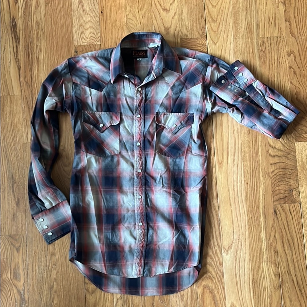 Vintage western Men's Plaid Shirt - Red blue and grey plaid